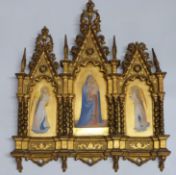 A 19th/20thC triptych icon with Gothic Revival giltwood decoration, 48 x 40cm