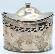 Georgian hallmarked silver mustard with neoclassical decoration and blue glass liner, London 1786