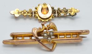 Edwardian 9ct gold brooch set with seed pearls,length 4.5cm and a 9ct gold horseshoe brooch,