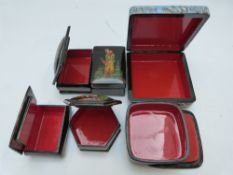 Six Russian lacquer boxes, including signed examples, largest 9.5 x 9.5cm