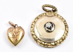 A 15ct gold heart pendant with raised floral decoration and a Victorian locket set with an enamel