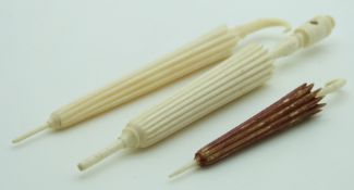 Three 19thC ivory parasol needle cases including stanhope for Folkestone, longest 12cm