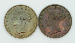 Two young head Victoria copper halfpennies, 1841 and 1859, lustre and toning, VF+