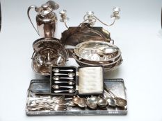 Plated ware including oblong tray, length 52cm, Goldsmiths tray, length 34cm, large lidded Pimms
