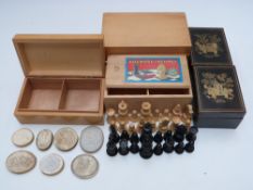 French TSL boxwood chess set, boxes include Mauchline style with Scottie dog decoration, Victorian