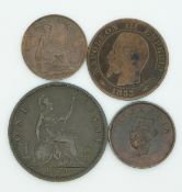 1895 Victoria veiled head farthing EF/nunc together with an 1874 bun head 'H' penny, 1806 George III