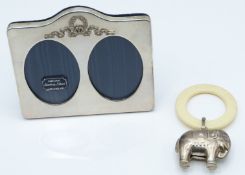 Modern hallmarked silver double photograph frame, width 11.5cm and a hallmarked silver elephant