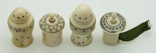 Four 19thC Indian Madras ware ivory turned thimble holders / pin cushions and tape measures, tallest