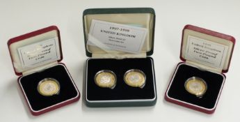 Four Royal Mint silver proof £2 coins in three cases, includes the 97/98 pair