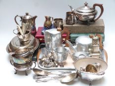 Quantity of silver plated ware including tea set, serving dish, tankards, cased cutlery including