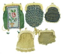 Five 19thC embroidery, beadwork and chain link purses with decorative gilt clasps, largest 12 x 8cm