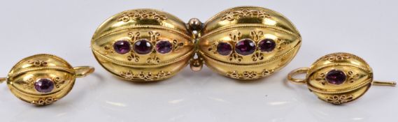 Victorian Etruscan Revival brooch ( 1cm x 4cm) and earrings set with foiled garnets  (1 x 1.5cm),