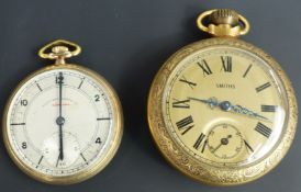 Two gold plated keyless winding open faced pocket watches, one Smiths with engraved decoration and
