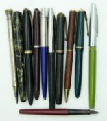 Vintage pens and pencils including Parker Slimfold with 14k gold nib, Waterman's green marbled
