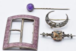 A silver buckle set with enamel, Victorian crescent brooch, moss agate brooch and an amethyst