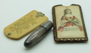 19th/20thC sewing needlework accessories including a white metal cotton holder and thimble with