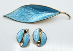 David Andersen Norway silver brooch and earrings set with blue enamel