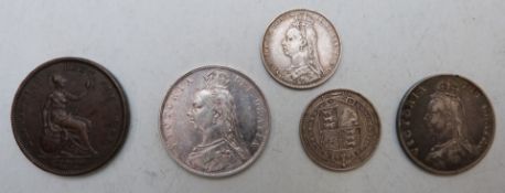 1890 Victoria half crown, 1887 double florin, two shillings and a 1926 George IV halfpenny, all F/