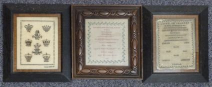 Three 19thC embroidery samplers, coronets by Anna Dodwell, continents by S Dodwell and alphabet by