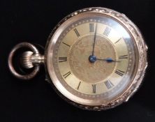 Unnamed 18ct gold keyless winding open faced pocket watch with blued hands, black Roman numerals,