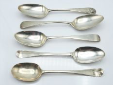 Five various bottom hallmarked silver table spoons, various dates and makers circa 1750s-1770s,