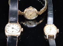 Two 9ct gold ladies wristwatches Avia and Lancet cushion cased together with a gold plated Bucherer,