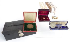 1819 crown, hallmarked silver and enamel bar brooch, plated guard chain, 9ct gold back and front