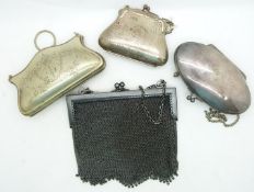 Four plated purses including hammered and mesh examples, largest 14 x 14cm