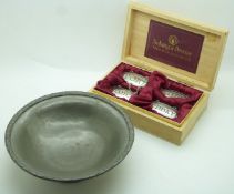 Liberty and Co pewter pedestal dish numbered to base 1353, diameter 17cm and a set of four