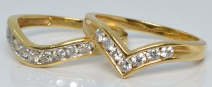Two 18ct gold half eternity rings each set with seven diamonds, 5.0g, size K/L and L