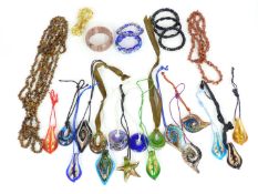 Seventeen Murano glass pendants, agate bracelets, tiger's eye, jasper necklace, etc