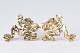 A pair of 9ct gold earrings in the form of frogs set with sapphire eyes, 1.3g