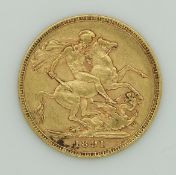 1891 Victoria Jubilee head gold full sovereign, Melbourne Mint