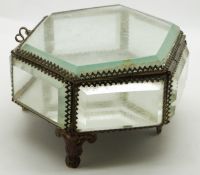 Hexagonal jewellery casket with bevelled glass panels, width 12.5cm, height 8cm