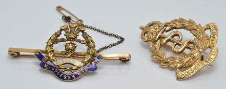 A 15ct gold Middlesex Regimental brooch set with enamel (6.3g) and an 18ct gold Royal Army Medical