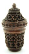 19thC treen carved and pierced Coquilla nut pedestal pomander or cricket cage with screw top,