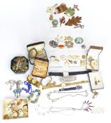 A collection of costume jewellery including diamanté, badges, earrings, Exquisite brooch etc