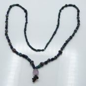 Ancient pre-Columbian glass, turquoise and amethyst beaded necklace