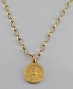 A 9ct gold belcher chain (4.0g) and yellow metal pendant, 62cm long.