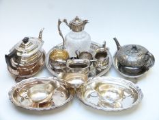 Silver plated three piece tea set, circular galleried tray, diameter 33cm, two sauce boats,
