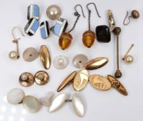 A collection of mother of pearl studs, cufflinks, Art Deco amber style earrings, silver and enamel