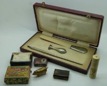 Cased pen, seal and paper knife set marked 800 to paper knife handle, boxed pen nibs, cased manicure