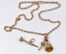 Victorian 9ct gold necklace (9g) with a watch key and a swivel fob