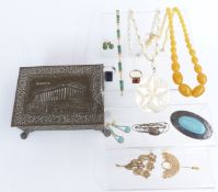 A collection of jewellery including 9ct gold cameo earrings, mother of pearl necklace, brooches etc