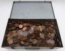 A large collection of UK copper/bronze coins, George II onwards, in a metal cash box, together