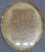 George III oval embroidery sampler A Map of England and Wales by Diana Sanders 1787, 63 x 53cm