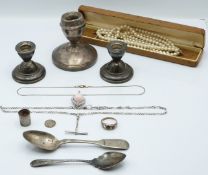 Three hallmarked silver candlesticks, Georgian teaspoon, weight 31g, hallmarked silver double Albert