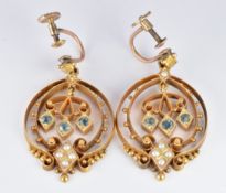 A pair of Victorian/ Edwardian earrings set with aquamarines and seed pearls, 4.5 x 4cm