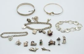 Silver charm bracelet, silver charms, silver bracelet, two silver bangles, 100g