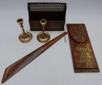 19thC oak book slide, letter rack with pierced brass front and back, letter opener decorated with